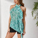 Blusa Asimetrica De Cuello Halter Con Dobladillo Completo Y Corte Irregular Para Mujeres Con Adornos De Volantes