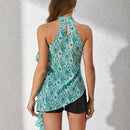 Blusa Asimetrica De Cuello Halter Con Dobladillo Completo Y Corte Irregular Para Mujeres Con Adornos De Volantes