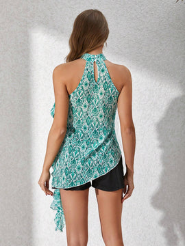 Blusa Asimetrica De Cuello Halter Con Dobladillo Completo Y Corte Irregular Para Mujeres Con Adornos De Volantes