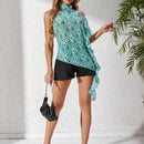 Blusa Asimetrica De Cuello Halter Con Dobladillo Completo Y Corte Irregular Para Mujeres Con Adornos De Volantes