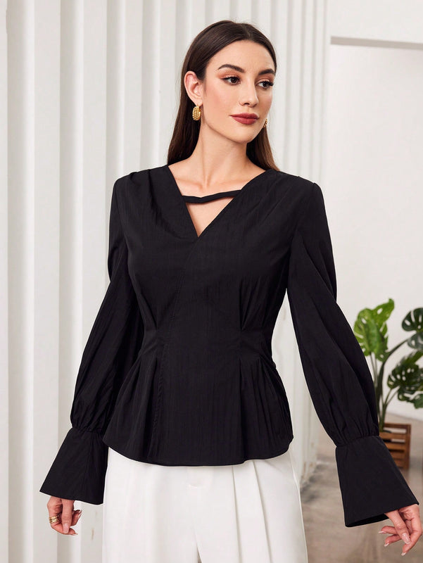 Modely Blusa De Manga Acampanada Y Pliegue Sin Estampado Para Mujer