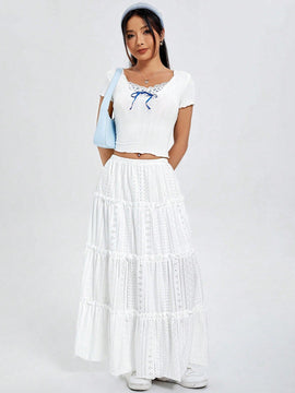 Qutie Camiseta De Manga Corta Blanca Con Encaje Y Parches Florales Para Mujer
