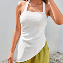 Top blanco de mujer con estilo casual de calle, cuello halter, cinturon, dobladillo irregular y reunion en la cintura