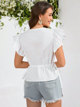Prive Camisa Corta Con Mangas De Gorra Y Dobladillo Con Volantes