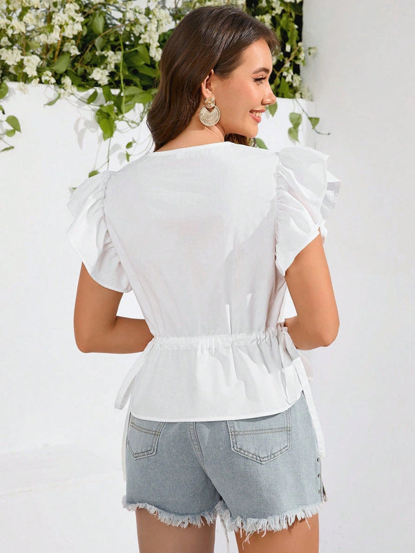 Prive Camisa Corta Con Mangas De Gorra Y Dobladillo Con Volantes