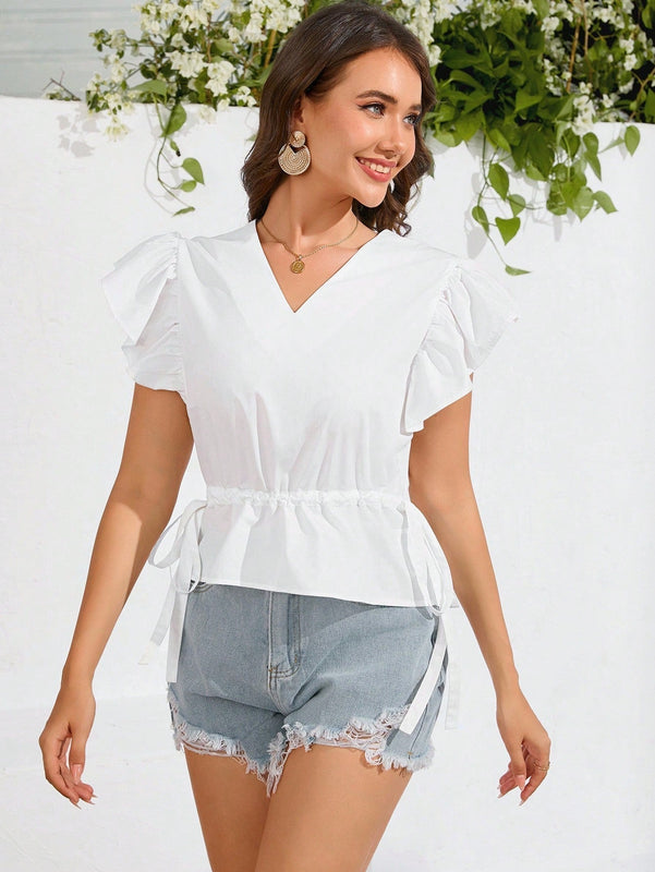 Prive Camisa Corta Con Mangas De Gorra Y Dobladillo Con Volantes