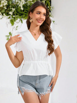 Prive Camisa Corta Con Mangas De Gorra Y Dobladillo Con Volantes