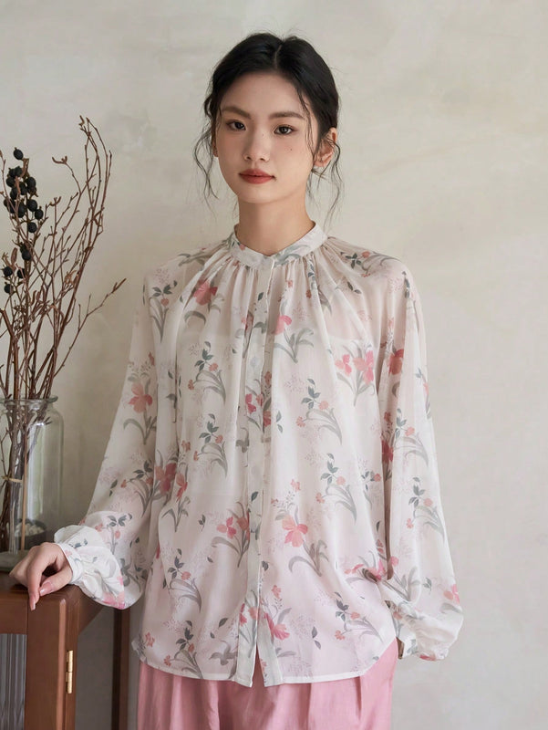 FRIFUL Camisa De Manga Abullonada Para Mujer Con Estampado Floral En Toda La Prenda