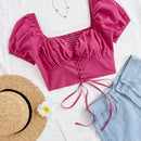 WYWH Camisa Ajustada Para Mujer De Estilo Informal/vacacional Con Cuello De Corazon Y Mangas Cortas
