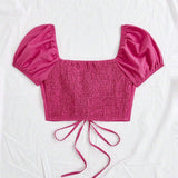 Camisa Ajustada Para Mujer De Estilo Informal/vacacional Con Cuello De Corazon Y Mangas Cortas