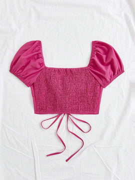 Camisa Ajustada Para Mujer De Estilo Informal/vacacional Con Cuello De Corazon Y Mangas Cortas