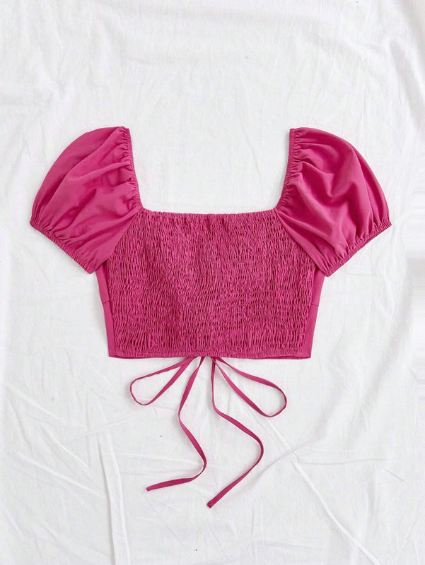 Camisa Ajustada Para Mujer De Estilo Informal/vacacional Con Cuello De Corazon Y Mangas Cortas