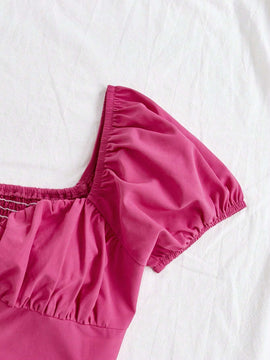 Camisa Ajustada Para Mujer De Estilo Informal/vacacional Con Cuello De Corazon Y Mangas Cortas