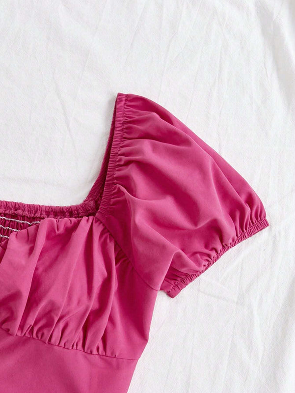 Camisa Ajustada Para Mujer De Estilo Informal/vacacional Con Cuello De Corazon Y Mangas Cortas
