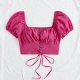 Camisa Ajustada Para Mujer De Estilo Informal/vacacional Con Cuello De Corazon Y Mangas Cortas