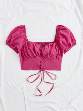 Camisa Ajustada Para Mujer De Estilo Informal/vacacional Con Cuello De Corazon Y Mangas Cortas