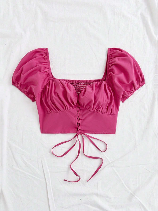 Camisa Ajustada Para Mujer De Estilo Informal/vacacional Con Cuello De Corazon Y Mangas Cortas