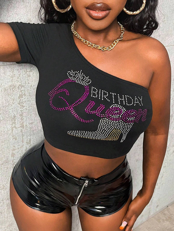 Camiseta De Manga Corta De Hombro Unico Para Mujer Con Letras Decoradas Con Diamantes De Imitacion