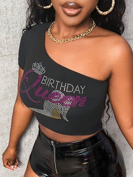 Camiseta De Manga Corta De Hombro Unico Para Mujer Con Letras Decoradas Con Diamantes De Imitacion