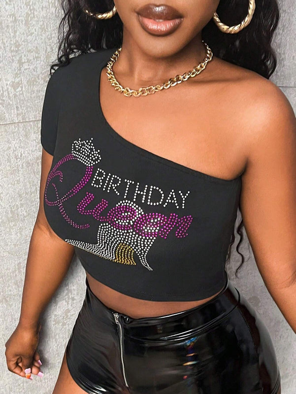 Camiseta De Manga Corta De Hombro Unico Para Mujer Con Letras Decoradas Con Diamantes De Imitacion