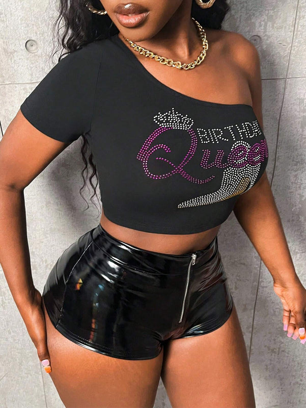 Camiseta De Manga Corta De Hombro Unico Para Mujer Con Letras Decoradas Con Diamantes De Imitacion