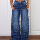 EZwear Pantalones De Mezclilla De Pierna Ancha Bordados Con Cremallera
