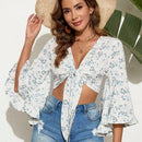 VCAY Blusa De Flores Para Mujeres Con Mangas Fruncidas Y Lazo En La Parte Delantera