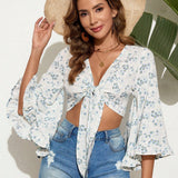 VCAY Blusa De Flores Para Mujeres Con Mangas Fruncidas Y Lazo En La Parte Delantera