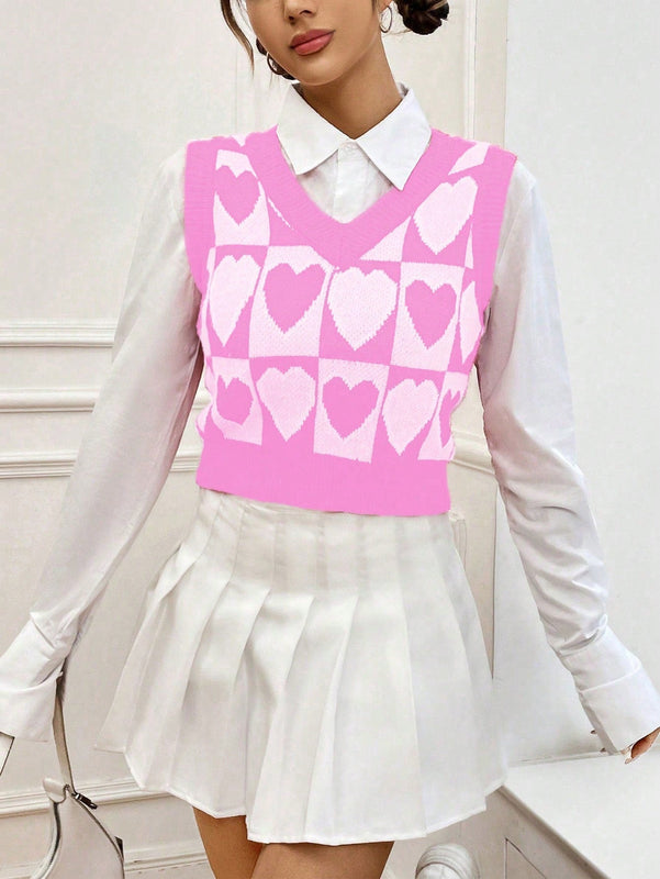 Qutie Chaleco De Sueter Con Cuello En V Y Patron De Corazon