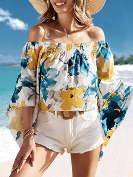 VCAY Blusa Floral Con Mangas De Volante Con Cordones Y Hombros Descubiertos