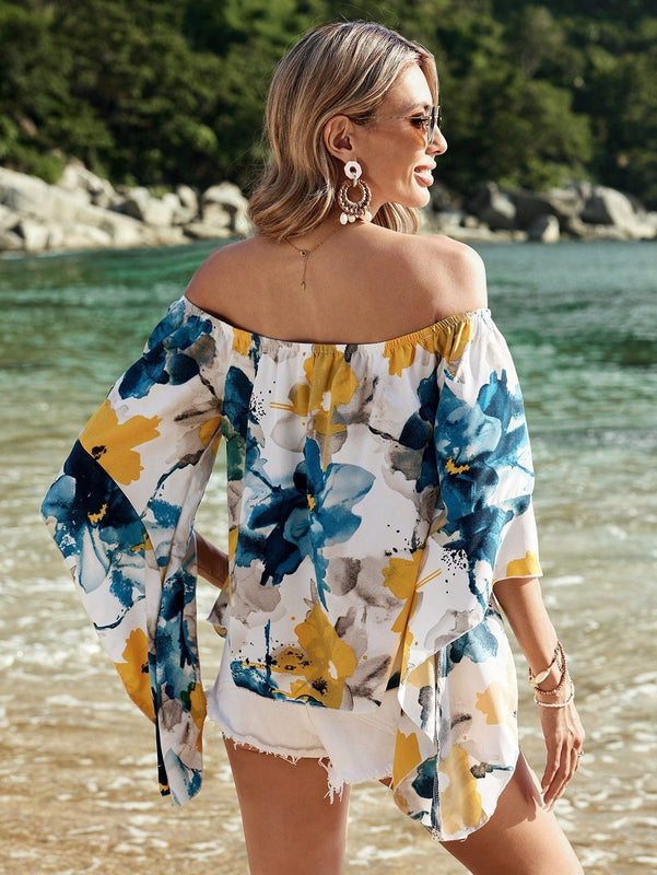 VCAY Blusa Floral Con Mangas De Volante Con Cordones Y Hombros Descubiertos