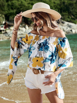 VCAY Blusa Floral Con Mangas De Volante Con Cordones Y Hombros Descubiertos