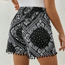 VCAY Shorts De Seda Con Estampado De Bufanda Para Mujer Con Borde De Pompones