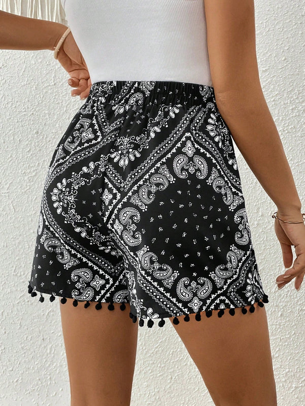 VCAY Shorts De Seda Con Estampado De Bufanda Para Mujer Con Borde De Pompones