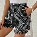 VCAY Shorts De Seda Con Estampado De Bufanda Para Mujer Con Borde De Pompones