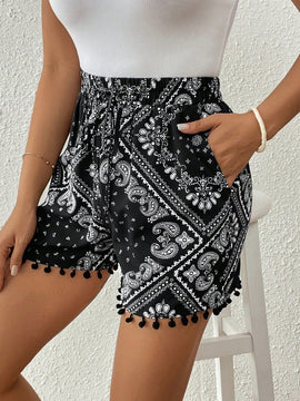VCAY Shorts De Seda Con Estampado De Bufanda Para Mujer Con Borde De Pompones