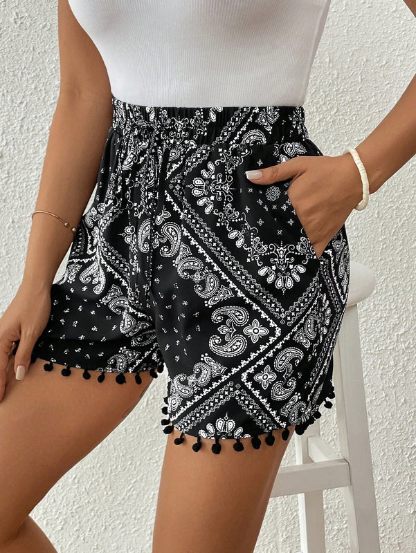 VCAY Shorts De Seda Con Estampado De Bufanda Para Mujer Con Borde De Pompones