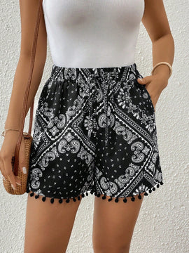 VCAY Shorts De Seda Con Estampado De Bufanda Para Mujer Con Borde De Pompones