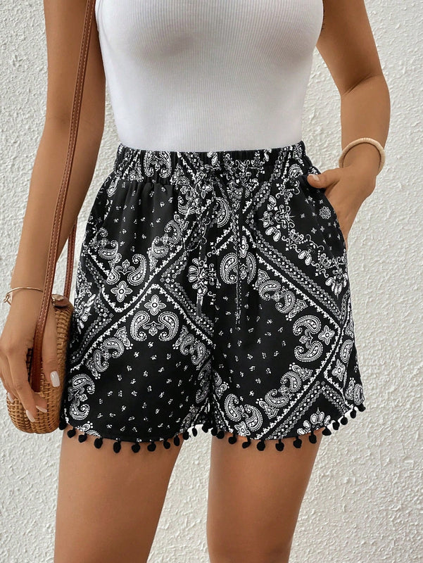 VCAY Shorts De Seda Con Estampado De Bufanda Para Mujer Con Borde De Pompones