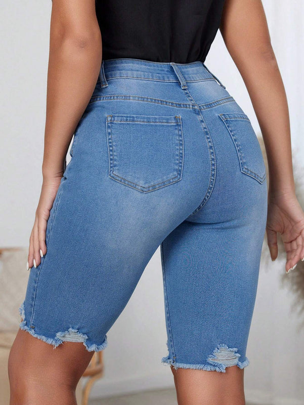 LUNE Pantalones Cortos De Mezclilla Ajustados Lavados Con Agua Con Diseno De Dobladillo Con Volantes
