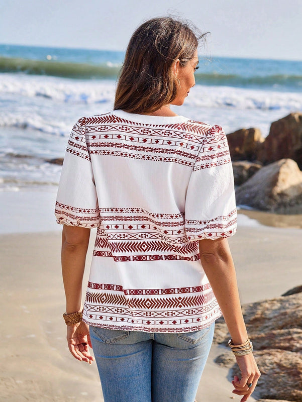 EMERY ROSE Camisa De Manga Corta De Mujer En Tela Texturizada Con Estampado Geometrico Para Ocasiones Casuales Y De Verano