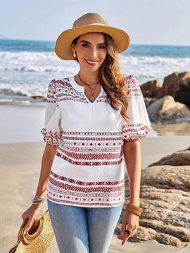 EMERY ROSE Camisa De Manga Corta De Mujer En Tela Texturizada Con Estampado Geometrico Para Ocasiones Casuales Y De Verano