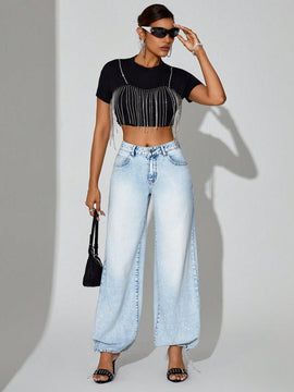 BAE Pantalones Jeans Casuales Con Cremallera Y Punos Ajustados Para Mujeres