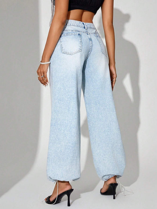 BAE Pantalones Jeans Casuales Con Cremallera Y Punos Ajustados Para Mujeres