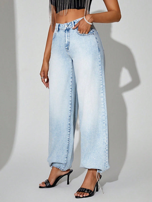 BAE Pantalones Jeans Casuales Con Cremallera Y Punos Ajustados Para Mujeres