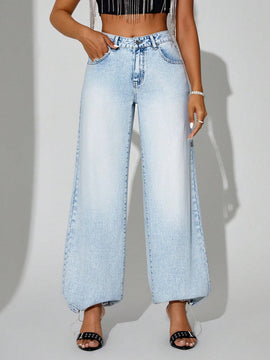 BAE Pantalones Jeans Casuales Con Cremallera Y Punos Ajustados Para Mujeres