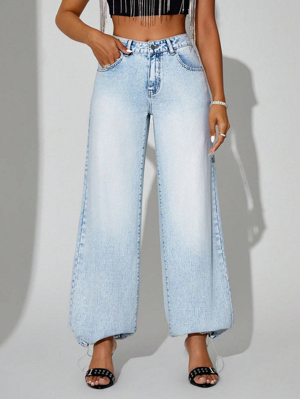 BAE Pantalones Jeans Casuales Con Cremallera Y Punos Ajustados Para Mujeres