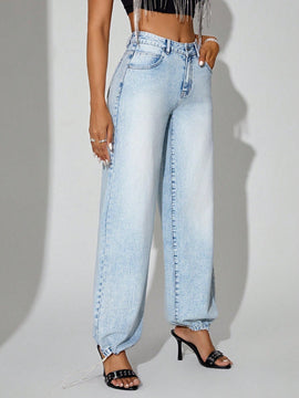 BAE Pantalones Jeans Casuales Con Cremallera Y Punos Ajustados Para Mujeres