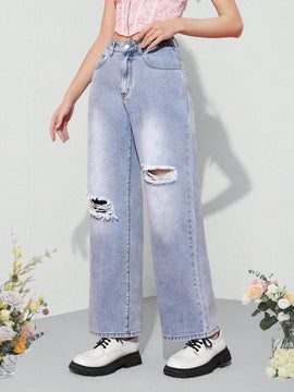 MOD Jeans Rectos Con Diseno Desgastado Para Mujer