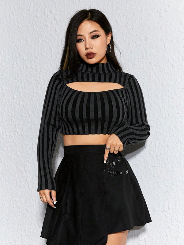 ROMWE Grunge Punk Jersey Para Mujeres Sexy Y Entallado Con Rayas Y Huecos, Con Cuello Redondo